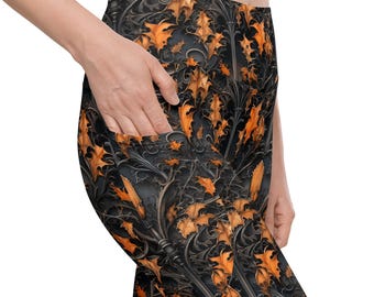 Autumn Gothic Leggings with Pockets, High-Waist Victorian Tights