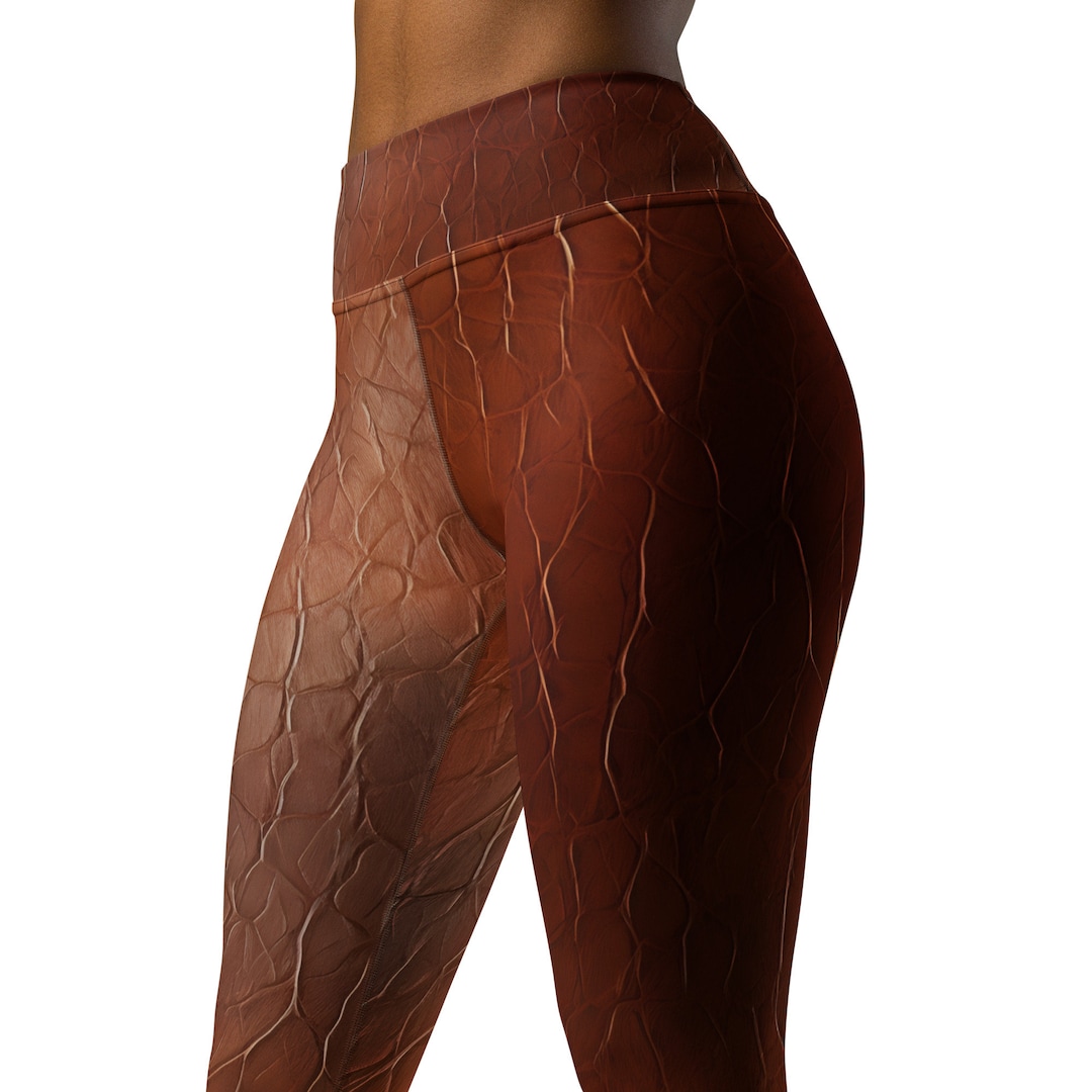 Leather Pattern Allover Print Yoga Leggings, Highrise Aerobics Leggings With Pockets & Spf
