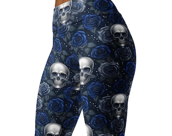 Skull and Blue Rose Leggings, Gothic High Waist Yoga Pants