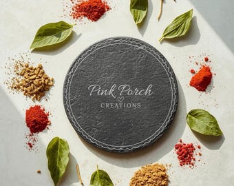 Leisteen onderzetters met lasergegraveerd logo – relatiegeschenk, rond 4"