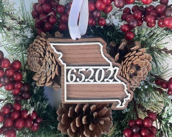Personalized Missouri Ornament: Walnut Wood Zip Code Keepsake