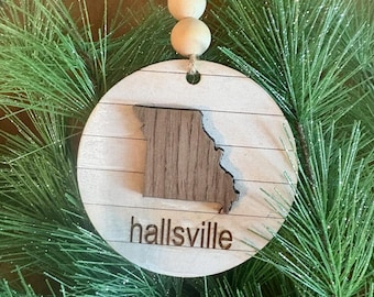 Custom State Christmas Ornament, Personalized Wood City Ornament, Farmhouse Beads