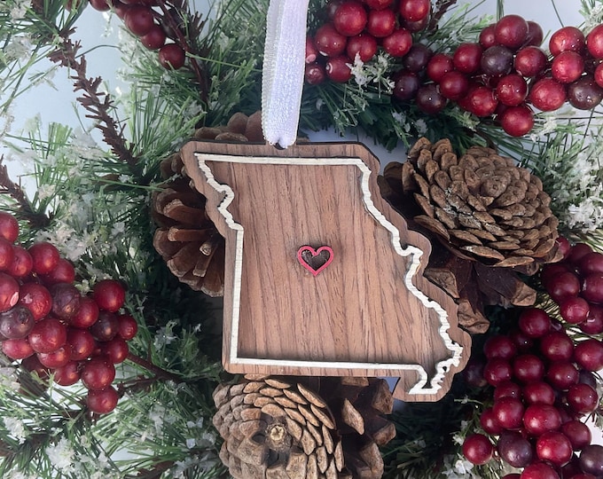 Featured listing image: Personalized Missouri Ornament: Walnut Wood State Keepsake with City Heart