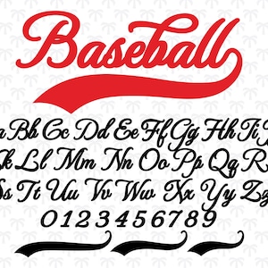 Può includere: Un alfabeto di font da baseball nero e rosso con la parola "Baseball" in un font corsivo rosso in alto. L'alfabeto include lettere maiuscole, lettere minuscole e i numeri da 0 a 9.