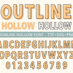 May include: Outline Hollow Font alphabet with uppercase letters, numbers, and the words "Outline Hollow" in a peach color with black outlines. The text "Outline Hollow Font TTF.SVG.PNG" is in a light blue banner.