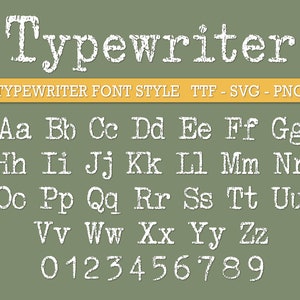May include: A white typewriter font alphabet with uppercase letters, lowercase letters, and numbers. The font is a vintage style with a rough, textured look. The text "Typewriter" is at the top of the image, and the text "TYPEWRITER FONT STYLE TTF - SVG - PNG" is below it.