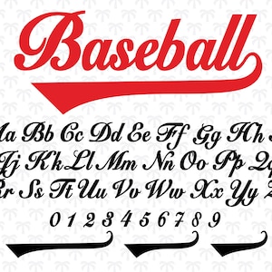 Può includere: Un alfabeto di font da baseball rosso e nero con la parola "Baseball" in un font corsivo rosso in alto. L'alfabeto include lettere maiuscole, lettere minuscole e i numeri da 0 a 9.
