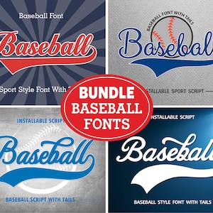 Könnte beinhalten: Ein Bündel von vier Baseball-Schriften, jede mit einem anderen Stil. Die Schriften werden auf einem Hintergrund aus Blau und Grau mit einem roten Kreis in der Mitte angezeigt, auf dem "Bundle Baseball Fonts" steht.