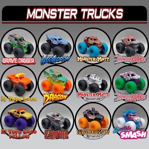 May include: A selection of toy monster trucks, each with distinct designs and names such as "Grave Digger" and "Megalodon." The trucks have large tyres and vibrant paint schemes, including green, blue, orange, and purple. The text "MONSTER TRUCKS" is at the top.