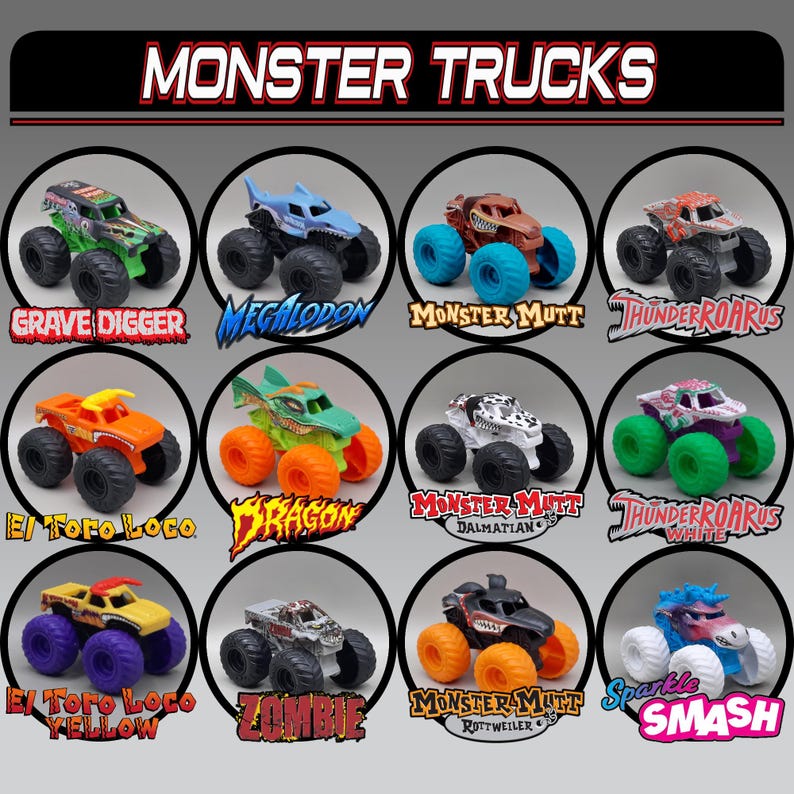 May include: A selection of toy monster trucks, each with distinct designs and names such as "Grave Digger" and "Megalodon." The trucks have large tyres and vibrant paint schemes, including green, blue, orange, and purple. The text "MONSTER TRUCKS" is at the top.