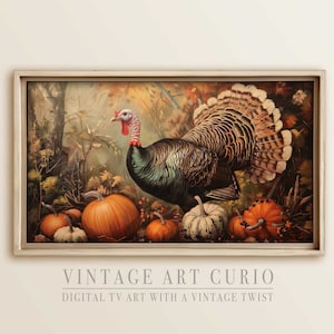 May include: A vintage-style framed print of a turkey with a red wattle and a spread tail feathers, surrounded by pumpkins and fall foliage.