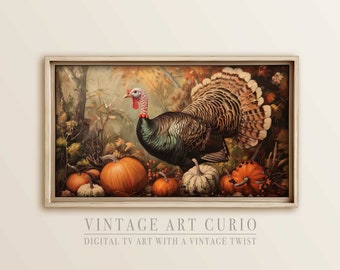 Thanksgiving Turkey TV Frame Art, Fall Foliage Cottagecore Samsung TV Art, Rustic Autumn Decor, Antique Farmhouse Oil Painting Screensaver