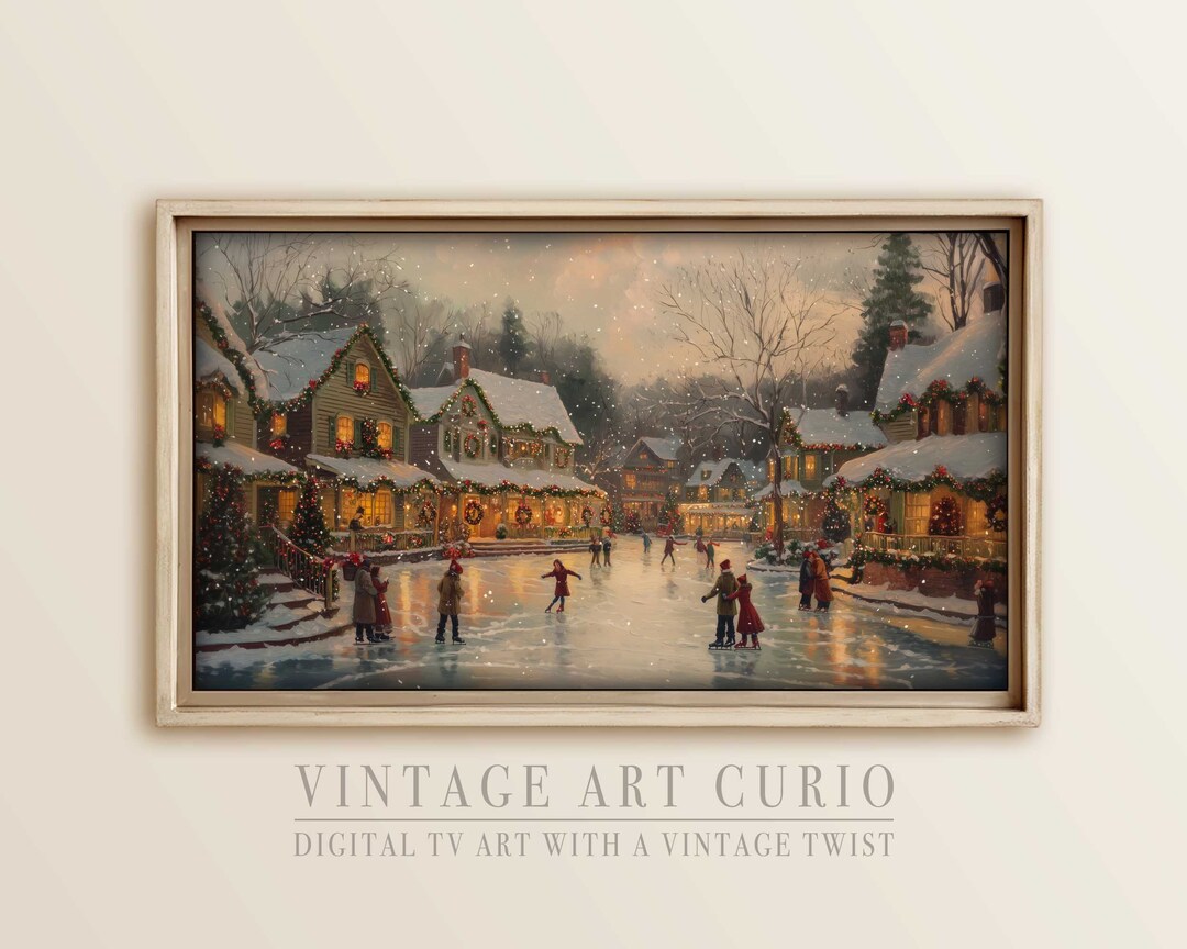 Vintage Christmas European Ice Skating TV Frame Art, Rustic Farmhouse