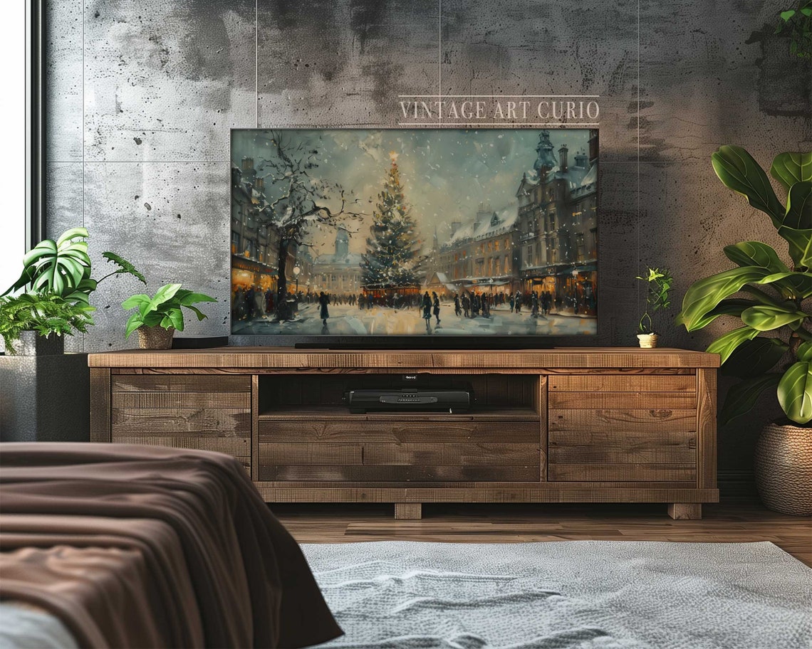 Rustic London Christmas Tree Scene Digital Art for TV Frame, Moody and