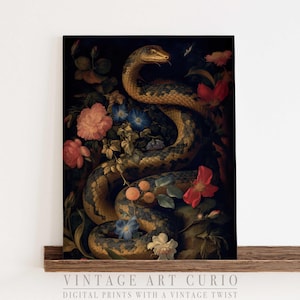 Dark Academia Snake Art Print - Vintage Botanical Gothic Wall Decor - Baroque Serpent Floral Painting, Aesthetic Old Masters Style - DASK001