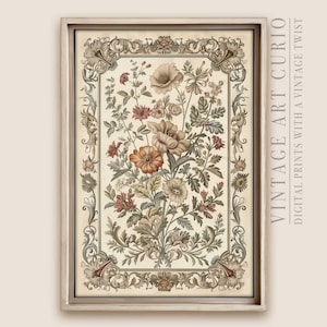 Victorian Botanical Wall Art Print | Elegant Beige & Green Floral Design with Decorative Frame | Vintage-Inspired Nature Decor - TAPA153