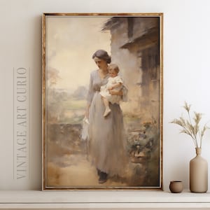 ヴィンテージの母と子の絵画 | ヨーロッパの農家の壁飾り | ヴィンテージの印刷可能なデジタルアート | ヴィンテージの女性アート | アンティーク絵画