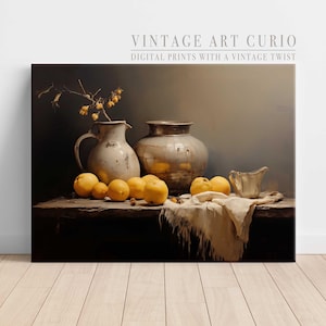 Rustic Lemon Still Life Art for Farmhouse Kitchens, Vintage Ceramic Vase Wall Print, Cozy Cottagecore Dining Decor - STLI079