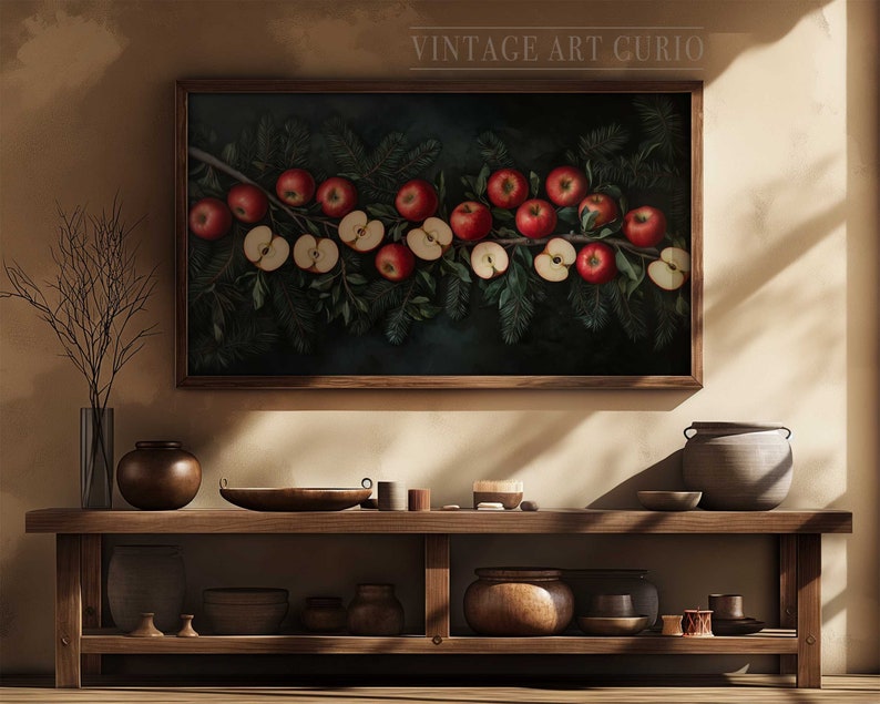 Vintage Christmas Apple Garland TV Frame Art, Trendy Apple Smart TV