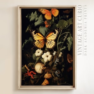 Antique Butterfly Floral Painting: Dark Academia Wall Art (Digital Download)