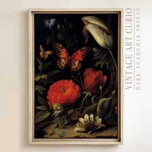 Antique Butterfly Floral Painting: Dark Academia Wall Art (Digital Download)
