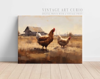 Farmhouse Woodland Rustic Digital Art | Wall Art Vintage Chicken Painting Neutral Tones, Printable Art Download, Country Art Print