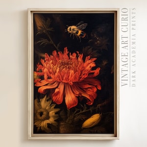 Antique Bee & Floral Painting: Dark Academia Wall Art (Digital Download)