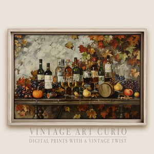 Fall Vintage Bar Cart Wall Art, Printable Oil Painting, Rustic Autumn Decor, Farmhouse Decor, Antique Wall Art, Printable Happy Hour Decor