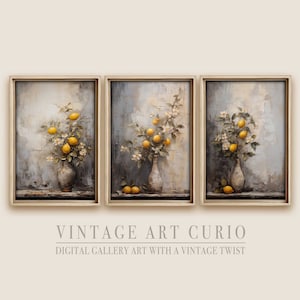 Zitronenblumenbaum-Set, 3er-Set, rustikale Blumen-Cottagecore-Wandkunst für leichte Bauernhausdekoration, Vintage Neutral Antique druckbare Frühlingsmalerei