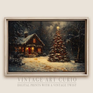 Rustic Christmas Cabin Oil Painting - Snowy Winter Scene at Dusk, Vintage Style Christmas Eve Decor