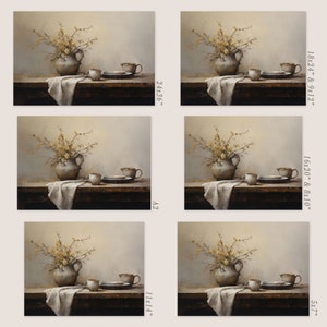 May include: A still life painting of a vase with yellow flowers, a cup and saucer, and a white cloth on a wooden table. The background is a light gray wall.