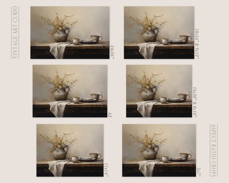 May include: A still life painting of a vase with yellow flowers, a cup and saucer, and a white cloth on a wooden table. The background is a light gray wall.