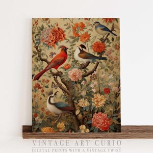 Impresión botánica de pájaro chinoiserie antiguo, póster de arte de pared con flores de Dark Academia, pintura rústica de pájaro, impresión de arte floral vintage - DACN024
