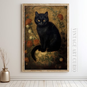 Antique Black Cat Painting | Dark Academia PRINTABLE Wall Art | Vintage Cat Wall Art | Moody Rustic Cat Print | Dark Art DIGITAL Download
