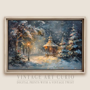 Whimsical Vintage Digital Oil Painting Wall Art: Snowy Christmas Wonderland with Rustic Tree Decor, Holiday Farmhouse Print