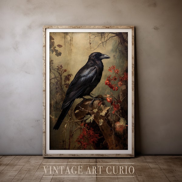 Antique Crow Painting | Dark Academia PRINTABLE Wall Art | Vintage Animal Wall Art | Moody Rustic Raven Print | Dark Art DIGITAL Download