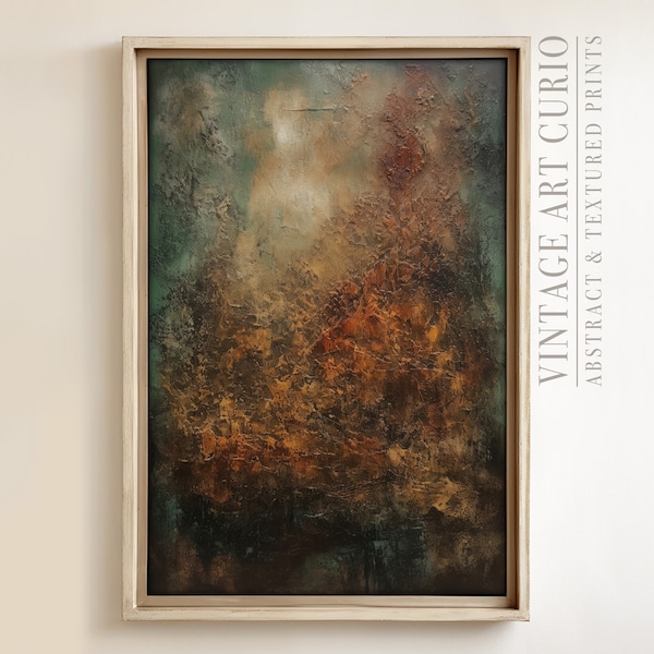 Farmhouse Wabi-Sabi Textured Painting | Rustic Abstract PRINTABLE Digital Art Download in Warm Teal Dark Brown Earth Tones | Dark Art Print