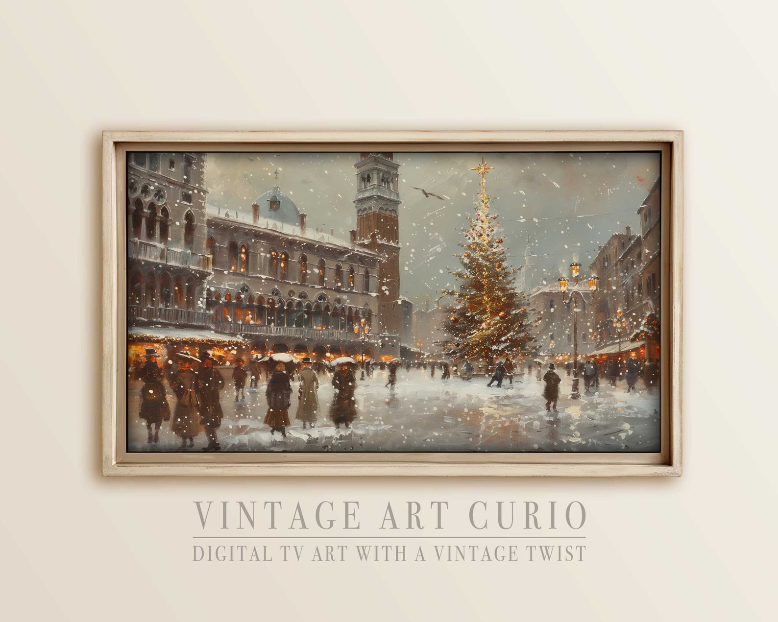 Vintage TV Frame Art & Screensaver Snowy Christmas Venice Town Square