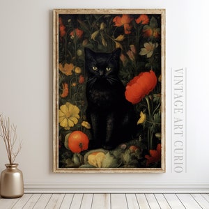 Antique Black Cat Painting | Dark Academia Printable Wall Art | Vintage Cat Wall Art | Moody Rustic Cat Print | Dark Art Digital Download