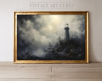 Seascape Scene Oil Painting | Lighthouse Oil Painting | PRINTABLE Digital Art Download | Vintage Rustic Coastal Decor | Country Art Print