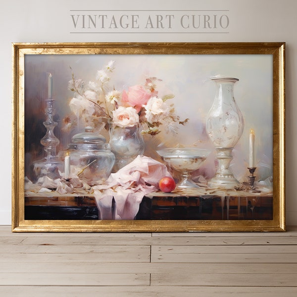 Pink French Rococo Still Life Painting | Vintage Still Life Wall Decor | PRINTABLE Digital Art Download | Romantic Academia Oil Painting