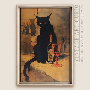 Witchy Halloween Black Cat Digital Print, Rustic Gothic French Farmhouse Bar Cart Art, Witchcraft Downloadable Art, Vintage Fall Cottagecore