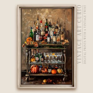Fall Vintage Bar Cart Wall Art, Printable Oil Painting, Rustic Autumn Decor, Farmhouse Decor, Antique Wall Art, Printable Happy Hour Decor