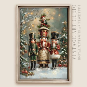 Vintage Nutcrackers in Winter Wonderland Digital Oil Painting - Elegant and Rustic Christmas Wall Art for Farmhouse and Cottagecore Decor
