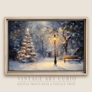 Whimsical Vintage Digital Oil Painting Wall Art: Snowy Christmas Wonderland with Rustic Tree Decor, Holiday Farmhouse Print