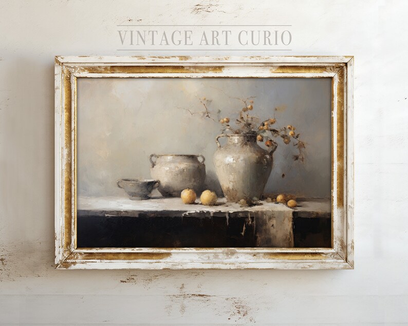 May include: A still life painting in a white frame with gold accents. The painting depicts a gray ceramic vase with a bouquet of dried branches and yellow fruit. Two additional gray ceramic pots are on a table with more yellow fruit.