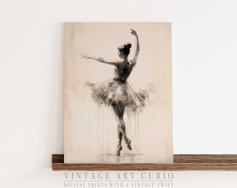 Minimalistische Ballerina Skizze Wandkunst, Vintage Kohle Tanz Zeichnung, Coquette Balletcore Dekor, Light Academia Neutral Schlafzimmer Druck