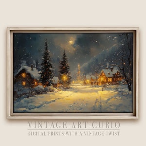 Rustic Christmas Cabin Oil Painting - Snowy Winter Scene at Dusk, Vintage Style Christmas Eve Decor