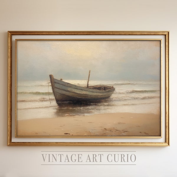 Seascape Scene Oil Painting | Row Boat Oil Painting | PRINTABLE Digital Art Download | Vintage Rustic Coastal Decor | Country Art Print