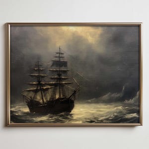 Moonlit Pirate Ship Print – Dark Nautical Digital Wall Art, Gothic Ocean Fantasy Painting, Stormy Sea Night Scene Download